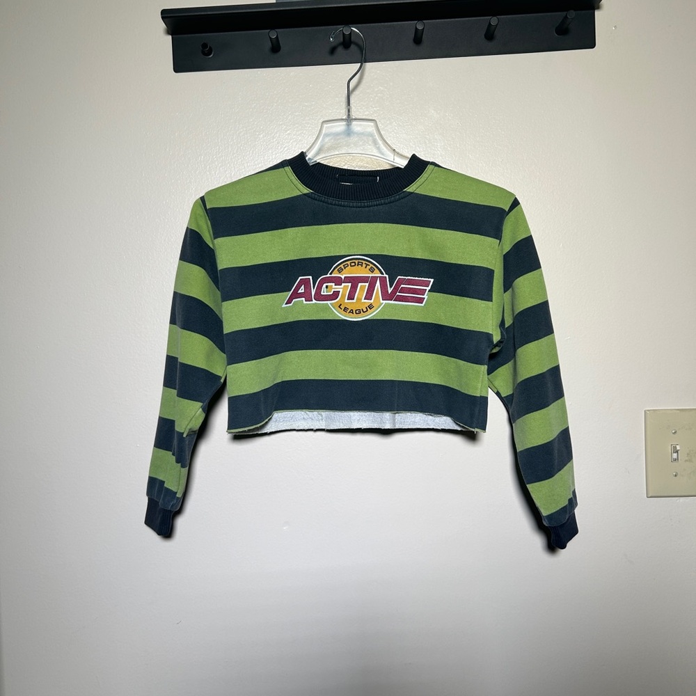 Green and Navy Striped Cropped Sweatshirt